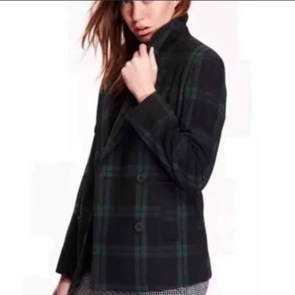 Green and Black Plaid Part-Wool Pea Coat Old Navy